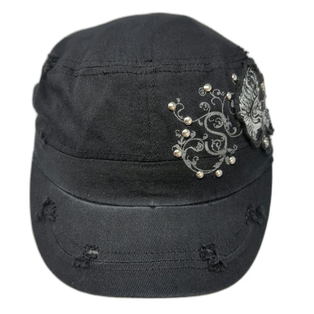 D&Y Army Cap Black One Size Distressed Rhinestone Studded Wing Embellished Hat